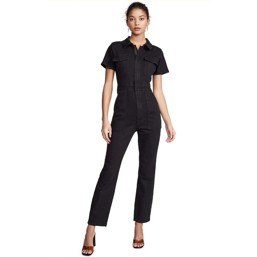 Good American Size 4 Fit For Success Denim Jumpsuit Black Zip Utility Stretch